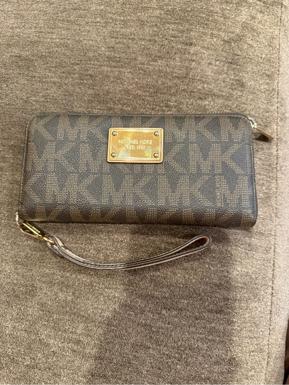 Michael Kors Brown Logo Wristlet with Gold Plate